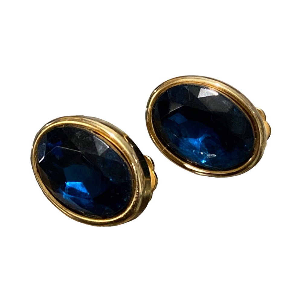 Vintage 1980s Earrings Royal Blue Cabochon Gold Tone Clip‎ Collectible